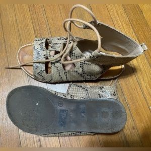Bamboo: Beige Snakeskin Lace Up Gladiator Sandals